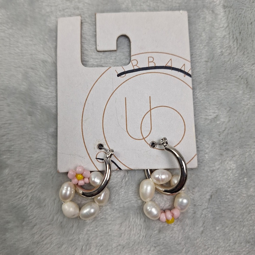 Urban Outfitters Silver Hoop‎ Earrings with Pearls and Pink Flower Charms